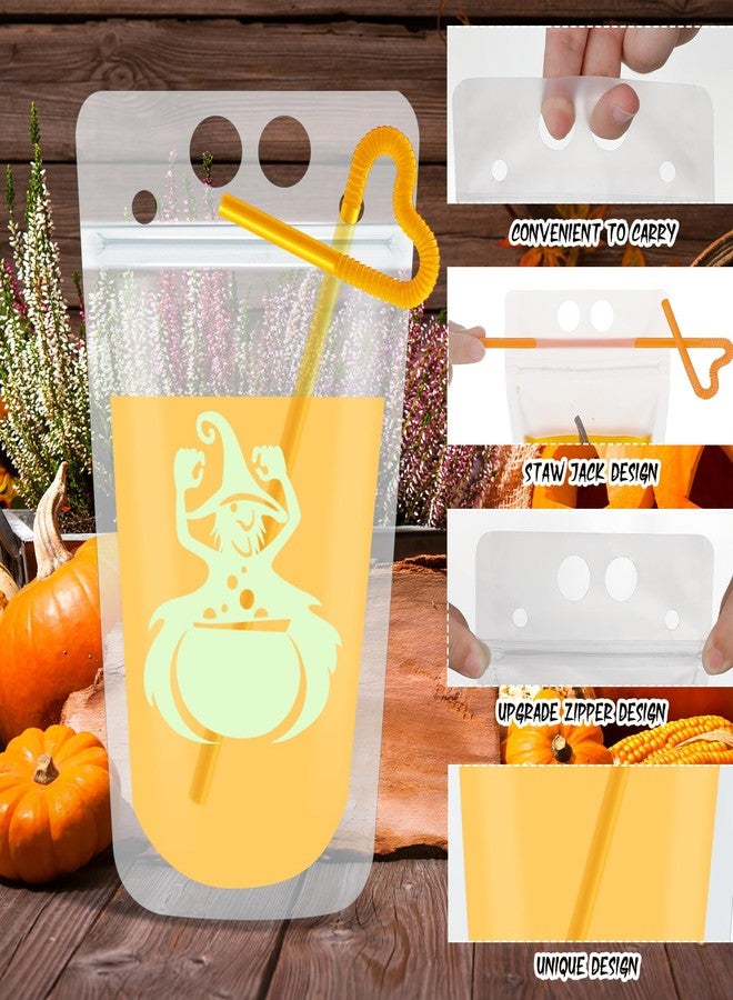Hotop 36 Pcs Glow In The Dark Halloween Drink Pouches Luminous Beverage Drink Bags with 50 Pcs Straws Spooky Party Decorations Skeleon Ghosts Pumpkin Cups for Halloween Adults Party Favors Accessories - Image 3